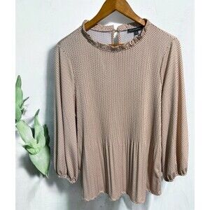 Adrianna Papell Blouse Large Pink Black Polka Dot Ruffle Neck Pleated NWT